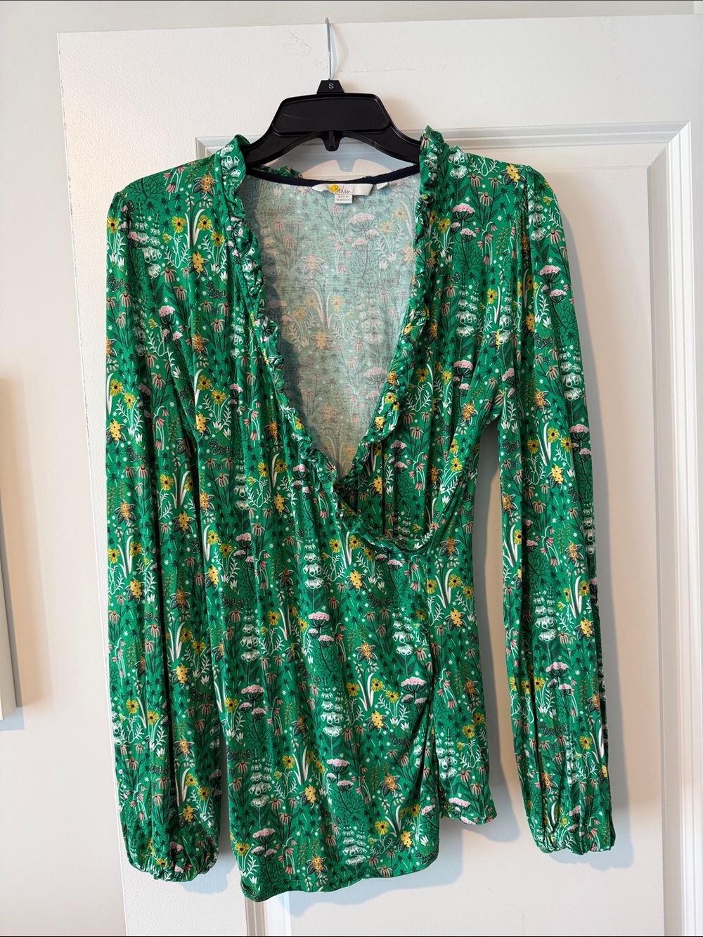 Boden Green Floral Wrap Blouse with Ruffle V-Neck